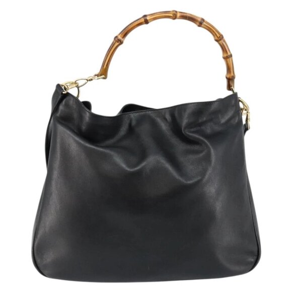 GUCCI Bamboo Hand Bag Leather 2way Black Gold - Picture 2 of 16